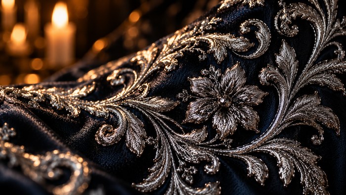 Broderie argentée sur satin, Velara Muse